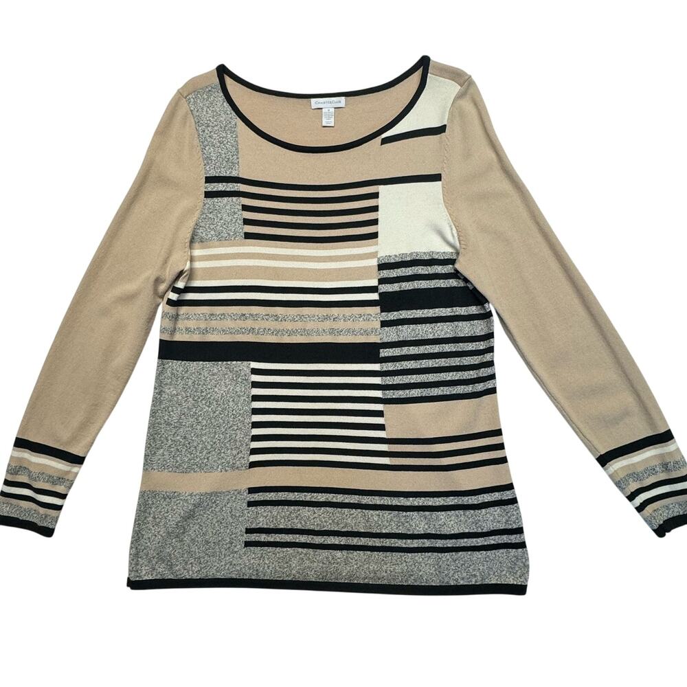 Charter Club Popover Lightweight Career Sweater Women M Black Beige Gray Stripe